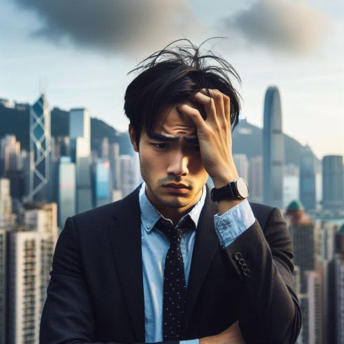 A 30-year-old Asian youth in a suit with many worries, standing against the backdrop of a prosperous Hong Kong
