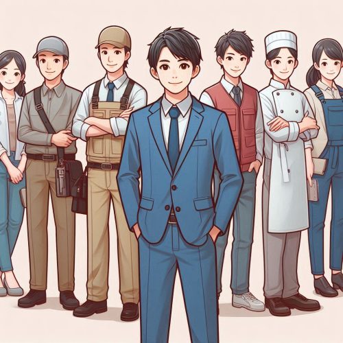 A group of around five to six people, all of whom are ordinary office workers with different occupations such as drivers, clerks, chefs, and laborers, all with Asian faces.